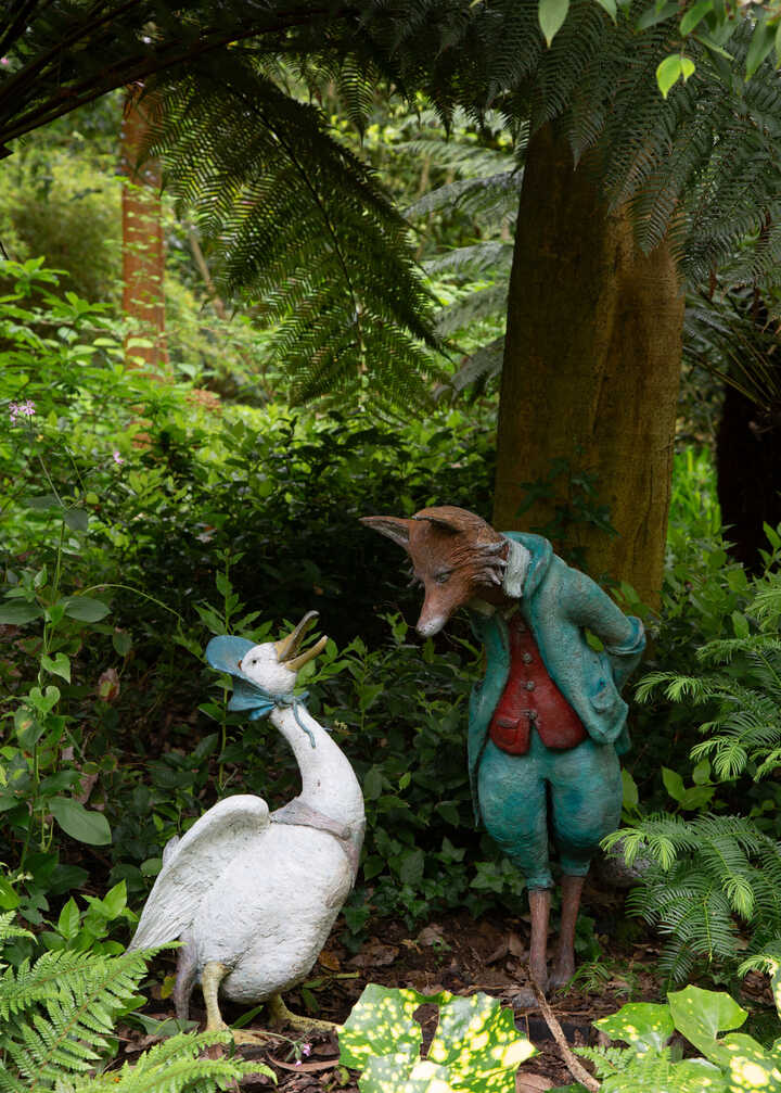 jemima puddle duck and mr tod bronze garden sculptures